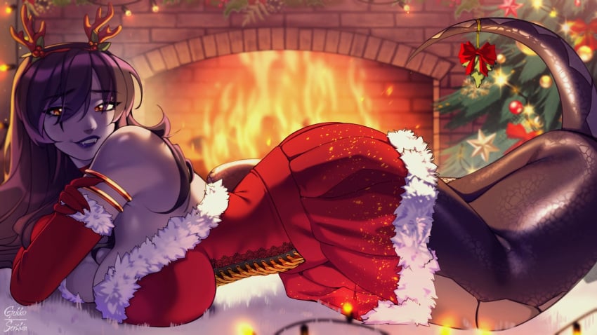 breasts christmas_clothing christmas_headwear christmas_tree fangs hi_res inside looking_at_viewer lying lying_down lying_on_stomach orange_eyes pierced_nipples purple_hair purple_skin snake_girl vexoria_the_sun_eater