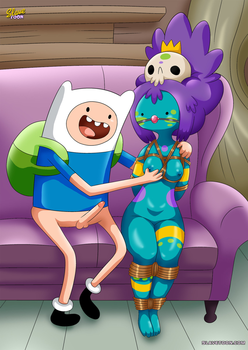 adventure_time arms_behind_back backpack bag ball_gag big_breasts blonde_hair bondage breast_grab feet female finn_the_human gag gagged human jungle_princess male pale_skin rope_bondage slavetoon