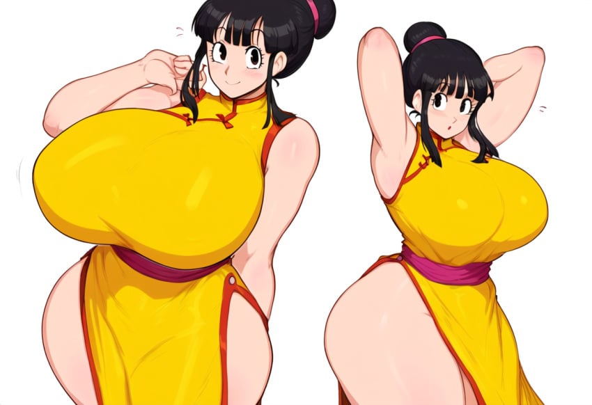 ai_generated black_hair breasts_bigger_than_head chichi chinese_clothes dragon_ball dragon_ball_super dragon_ball_z female mature_female milf mullon novelai single_hair_bun smile thick_thighs wide_hips