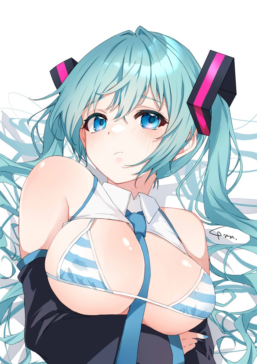 alternate_costume anzu_(x_anzu_ill) arms_crossed arms_crossed_under_breasts bikini blue_eyes blue_hair blue_nails clothed collared_bikini colored_nails crossed_arms detached_collar detached_sleeves female hatsune_miku hatsune_miku_(collared_bikini) looking_at_viewer meme_attire micro_bikini necktie necktie_between_breasts painted_nails pout solo striped_bikini striped_bra stripes twintails vocaloid watermark white_background