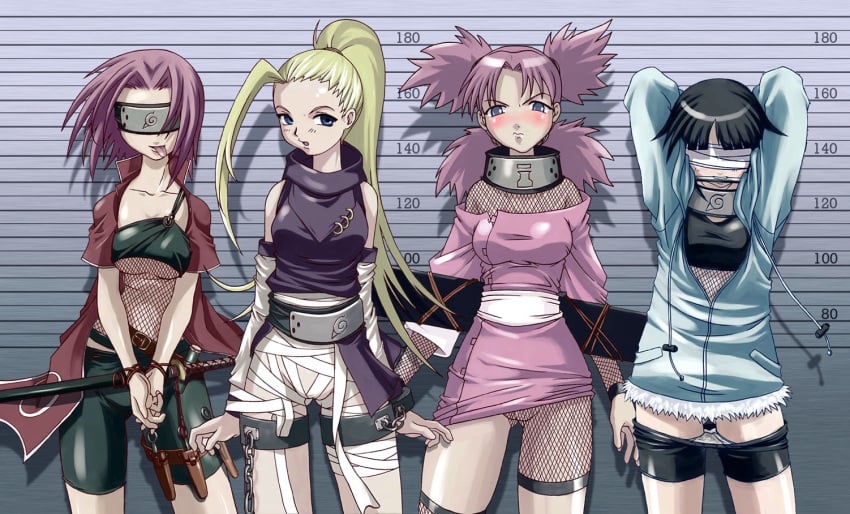 4girls :p bike_shorts bit_gag black_hair blindfold blonde_hair blue_eyes blush bondage dress female female_only fishnet_top fishnets gag gagged human hyuuga_hinata hyuuga_hinata(genin) ino_yamanaka ino_yamanaka(genin) lineup long_hair mugshot multiple_girls naruto naruto_(classic) naruto_(series) ninja no_panties pink_hair ponytail quad_tails sakura_haruno sakura_haruno(genin) short_hair strapless strapless_dress sword tasaka_shinnosuke temari temari(genin) thigh_strap tongue tongue_out torn_clothes weapon