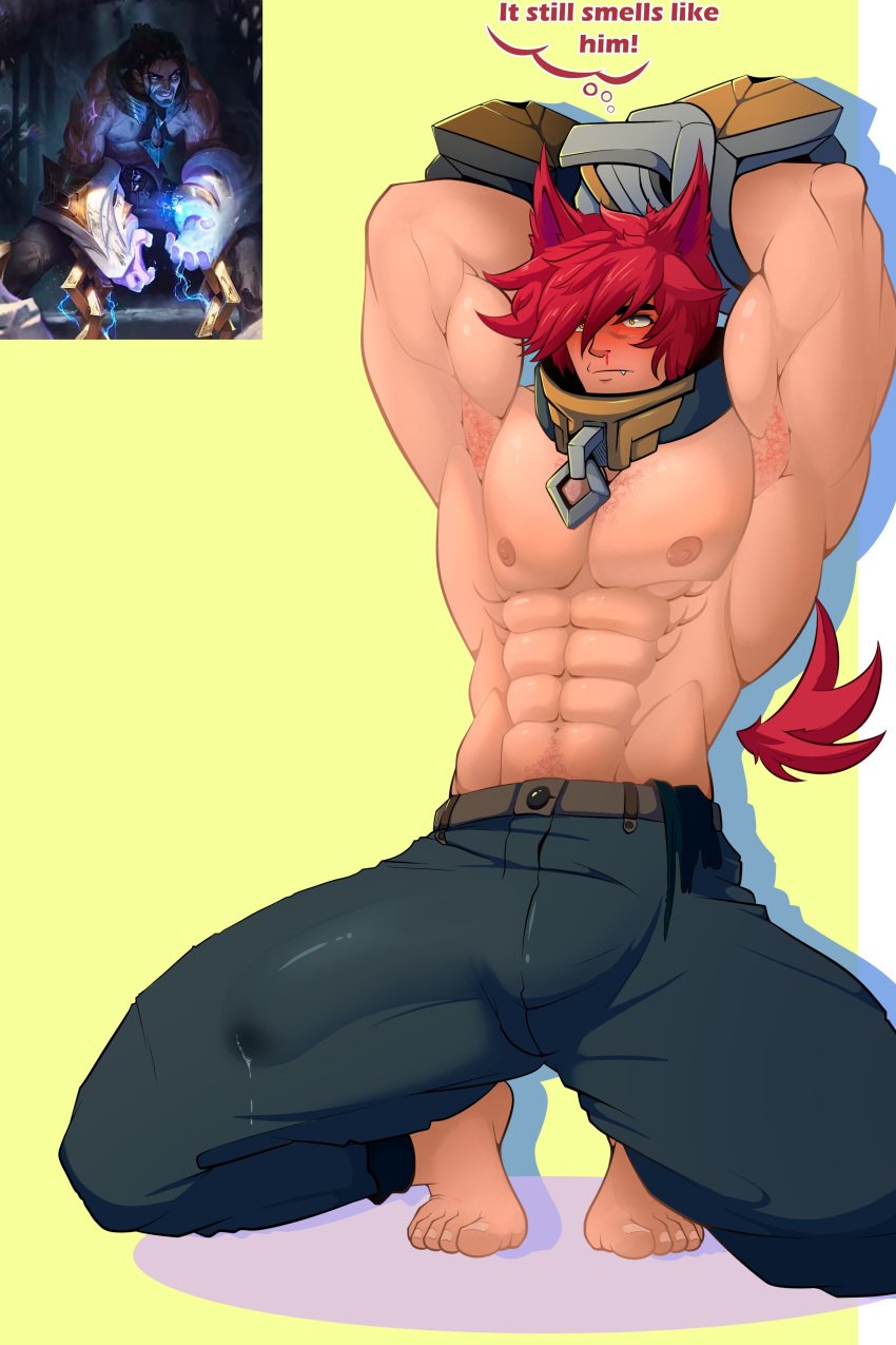 abs bara biceps big_bulge blush bulge clothing erection_under_clothes finall_bosss huge_bulge league_of_legends male male_nipples male_only muscular_male nipples pecs penis_outline penis_under_clothes red_hair riot_games scar sett tight_clothing