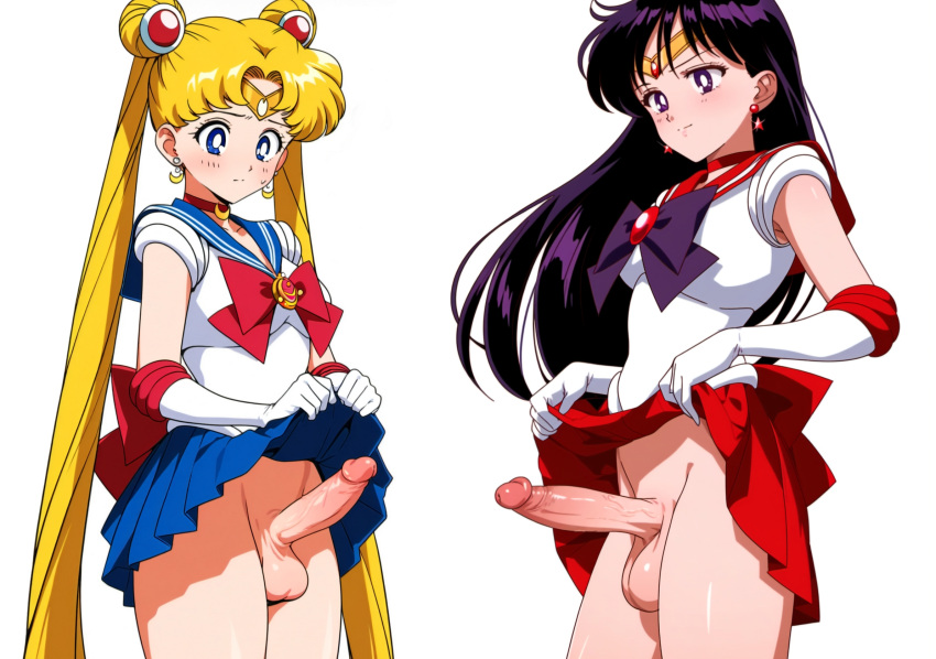 2futas ai_generated balls bishoujo_senshi_sailor_moon blonde_hair blue_eyes clothed clothing dickgirl duo erect erect_penis erection futa_only futa_sans_pussy futanari human intersex kame_g large_balls large_penis large_testicles light_skin long_hair long_penis penis purple_eyes purple_hair rei_hino sailor_mars sailor_moon scrotum skirt testicles uncensored urethra usagi_tsukino veiny_penis