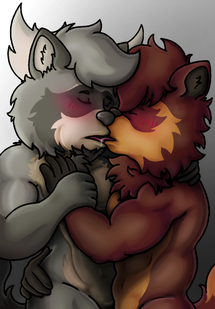 abs anthro antlers biceps black_hands black_inner_ear_fluff blush blush_lines bodily_fluids brown_body brown_fur brown_hair chest_tuft closed_eyes deer duo eyebrows french_kissing fur grey_background grey_body grey_fur grey_hair hair hand_on_partner's_chest hand_on_partner's_hip holding_partner's_arm horn hybrid inner_ear_fluff joaquin_quaty kissing male male/male mammal moose multicolored_body multicolored_fur multicolored_tail muscular muscular_anthro muscular_male neck_tuft new_world_deer nude procyonid raccoon rjquaty saliva side_view simple_background size_difference tail triceps tuft white_background