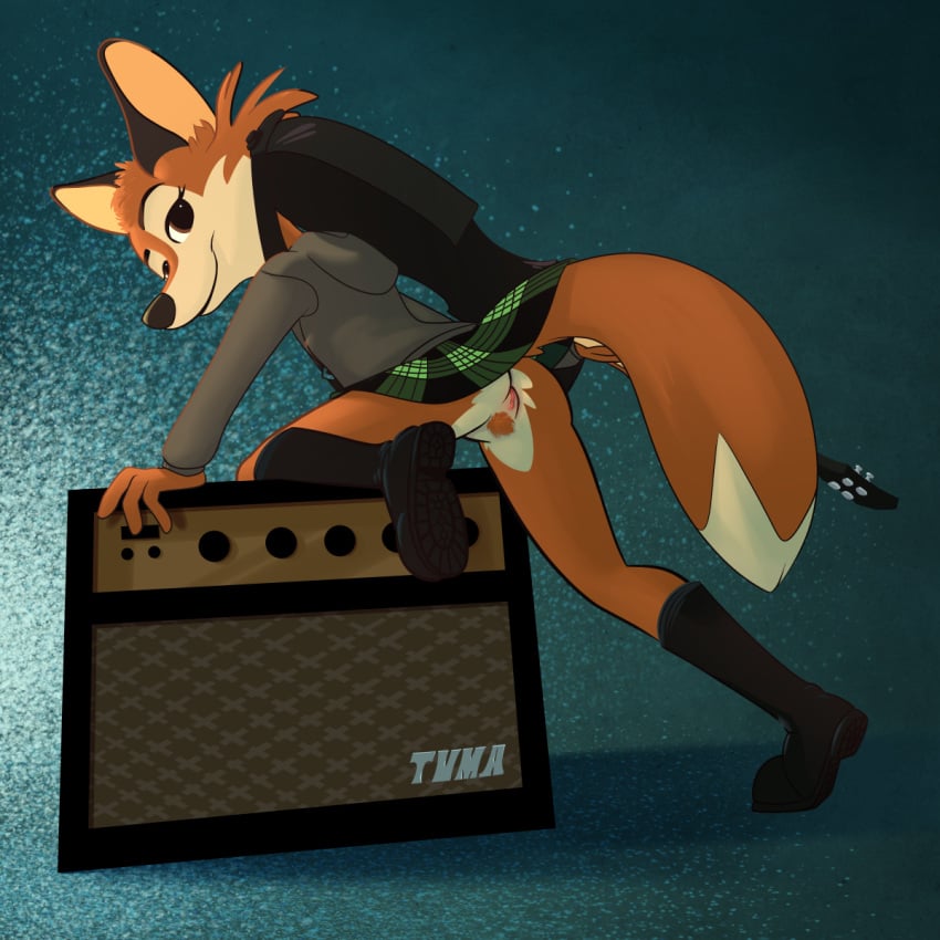 1:1 2017 abstract_background alternate_version_at_source amplifier anthro ass biped black_bottomwear black_clothing boots bottomless bottomwear canid canine climbing clothed clothing countershading darma_(rock_dog) digital_media_(artwork) dipstick_tail eyelashes female footwear fox fully_clothed fur genitals green_clothing grey_clothing grey_topwear guitar hi_res hoodie looking_at_viewer looking_back mammal markings miniskirt multicolored_body multicolored_fur multicolored_tail musical_instrument orange_body orange_fur plucked_string_instrument pubes pussy rock_dog skirt smile solo string_instrument tail tail_markings tan_body tan_fur topwear tvma two_tone_body two_tone_fur upskirt