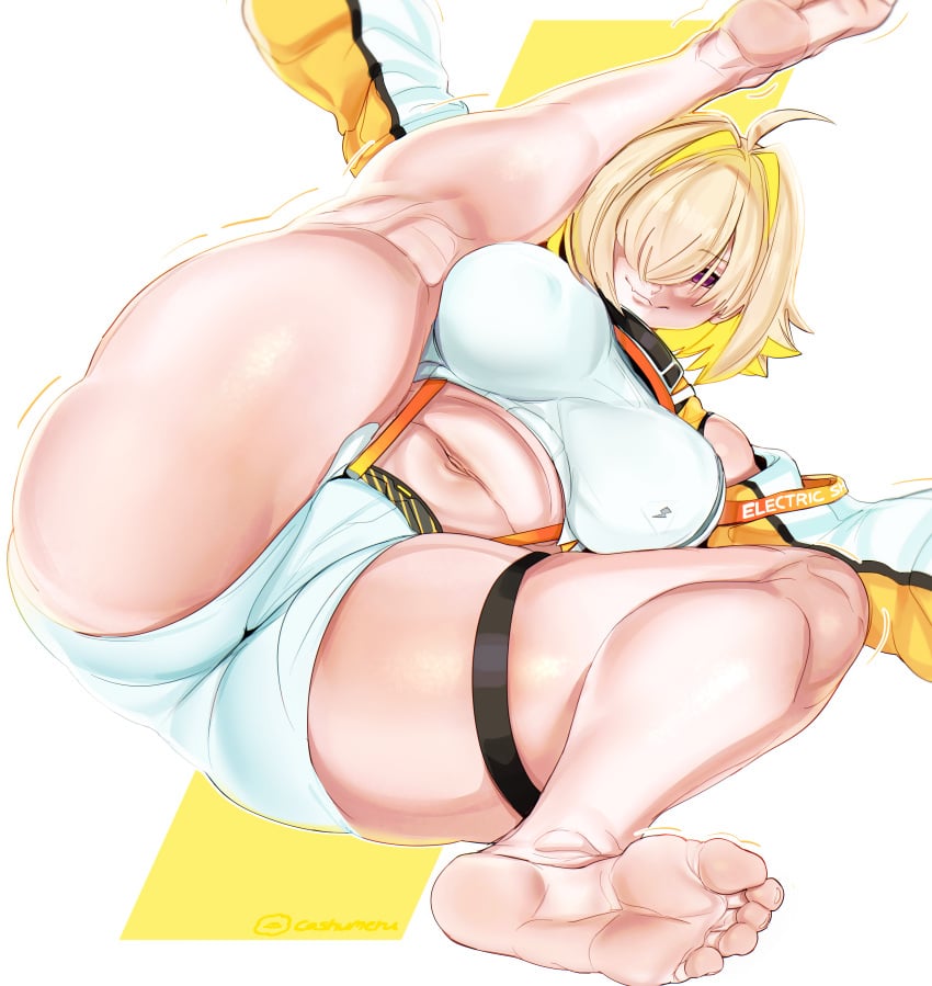 antenna_hair bangs bangs_over_eyes barefoot belly big_breasts blush cashumeru clothed_female elegg_(nikke) goddess_of_victory:_nikke hair_between_eyes lightning_bolt_symbol slightly_chubby smug smug_face soles spread_leg suspenders thick_thighs thigh_strap toes voluptuous voluptuous_female