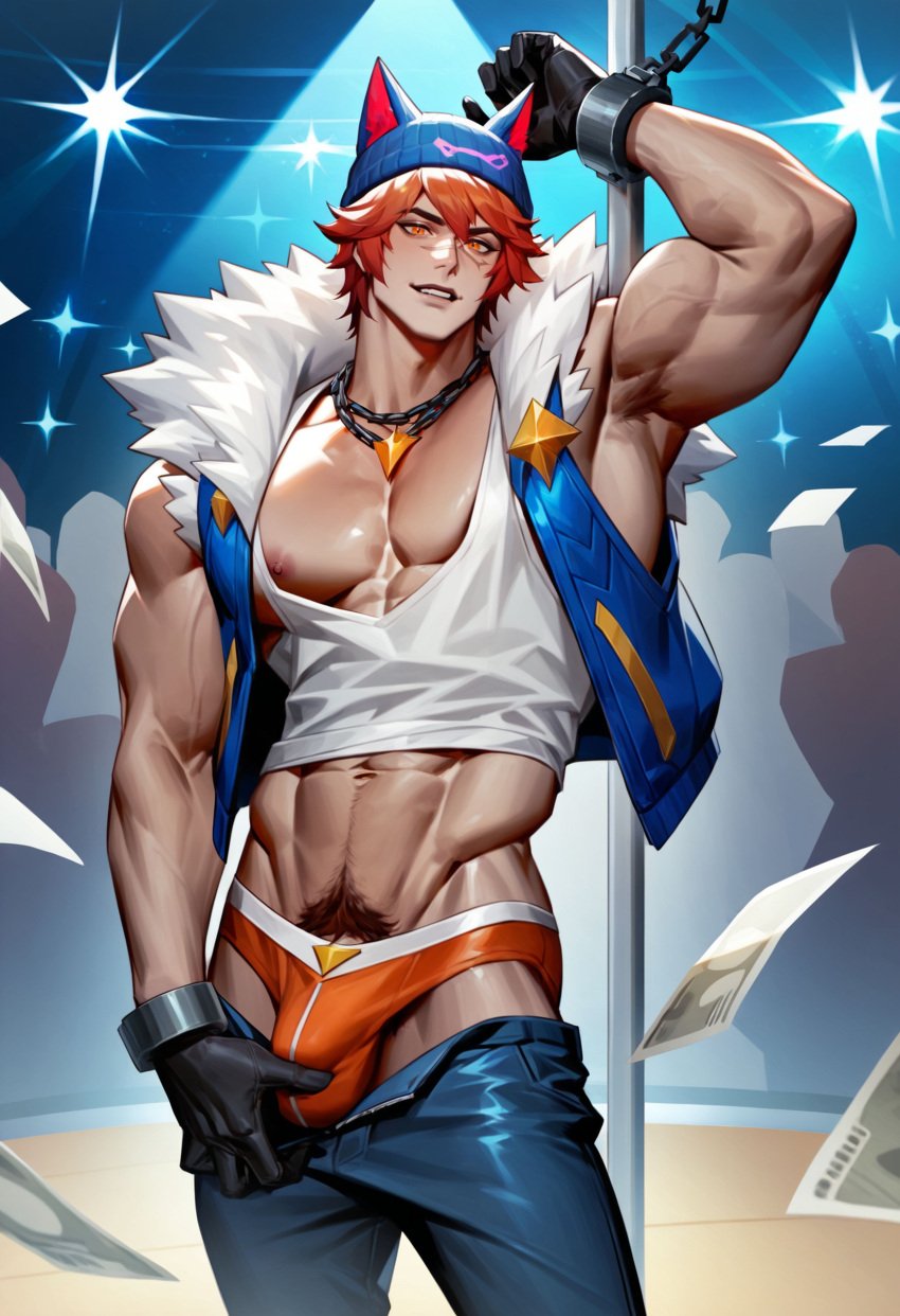 1boy ai_generated armpits arms_up bulge cocky gay gloves heartsteel_series heartsteel_sett league_of_legends looking_at_viewer male male_only muscular necklace pants_down penis pole sett smile smiling_at_viewer solo solo_male tagme tight_clothing underwear wankyc yaoi