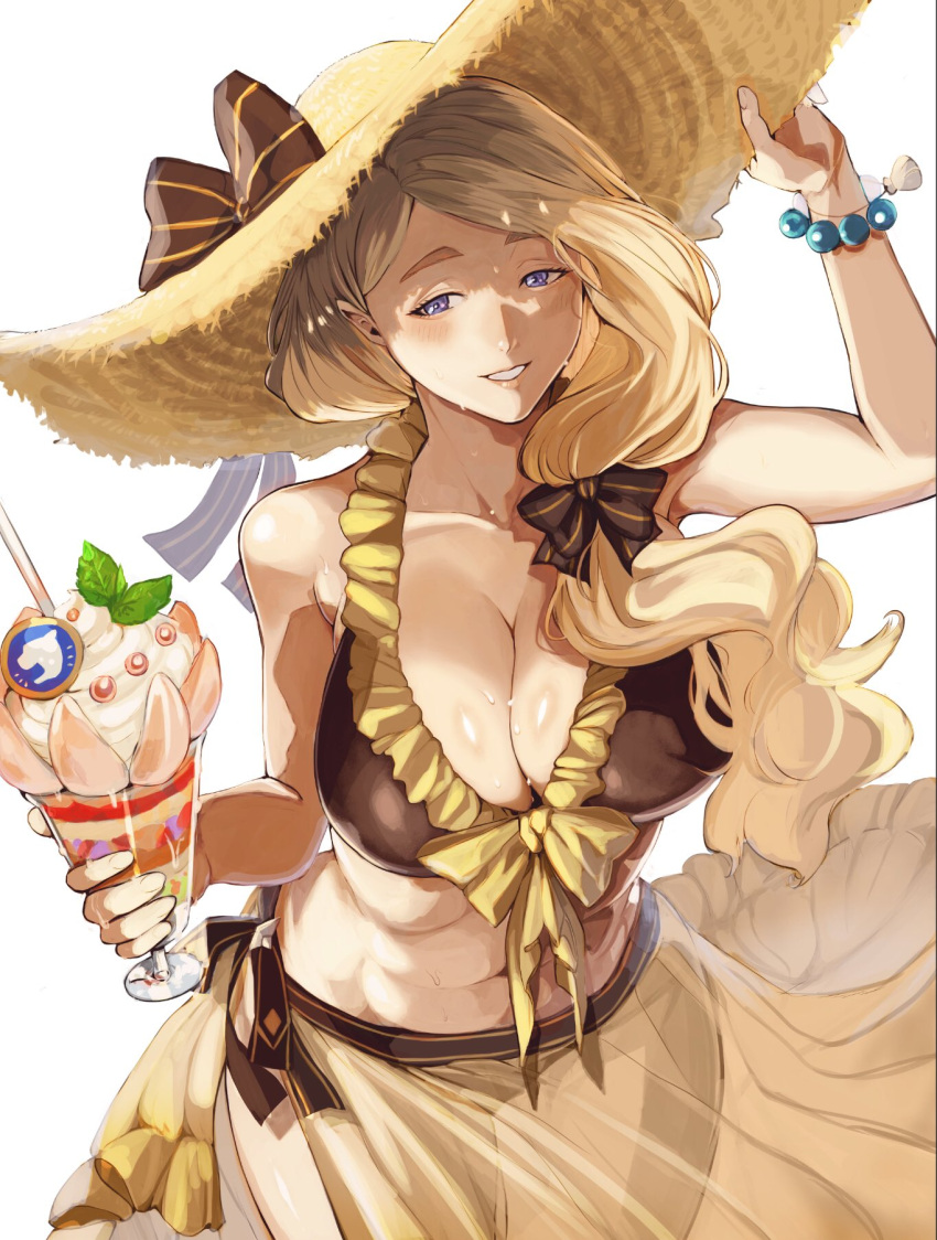 1girls alternate_costume bikini blonde_hair blue_eyes breasts brown_bikini brown_sarong brown_swimsuit cleavage female female female_only fire_emblem fire_emblem:_three_houses fire_emblem_heroes frilled_bikini frills gradient_sarong hat highres large_breasts long_hair mercedes_von_martritz mercedes_von_martritz_(summer) nintendo off-shoulder_bikini off_shoulder official_alternate_costume sarong solo straw_hat sun_hat sutekina_yari swimsuit