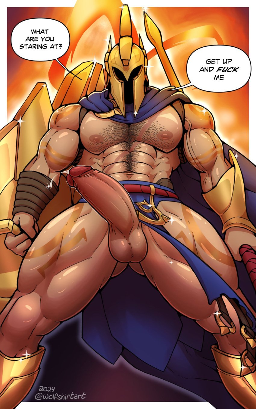 1boy abs balls bara biceps big_balls big_penis cape english_text hairy_chest helmet league_of_legends male male_nipples male_only muscular_male nipples pantheon pecs penis precum precum_drip riot_games tattoos text wolfshirtart