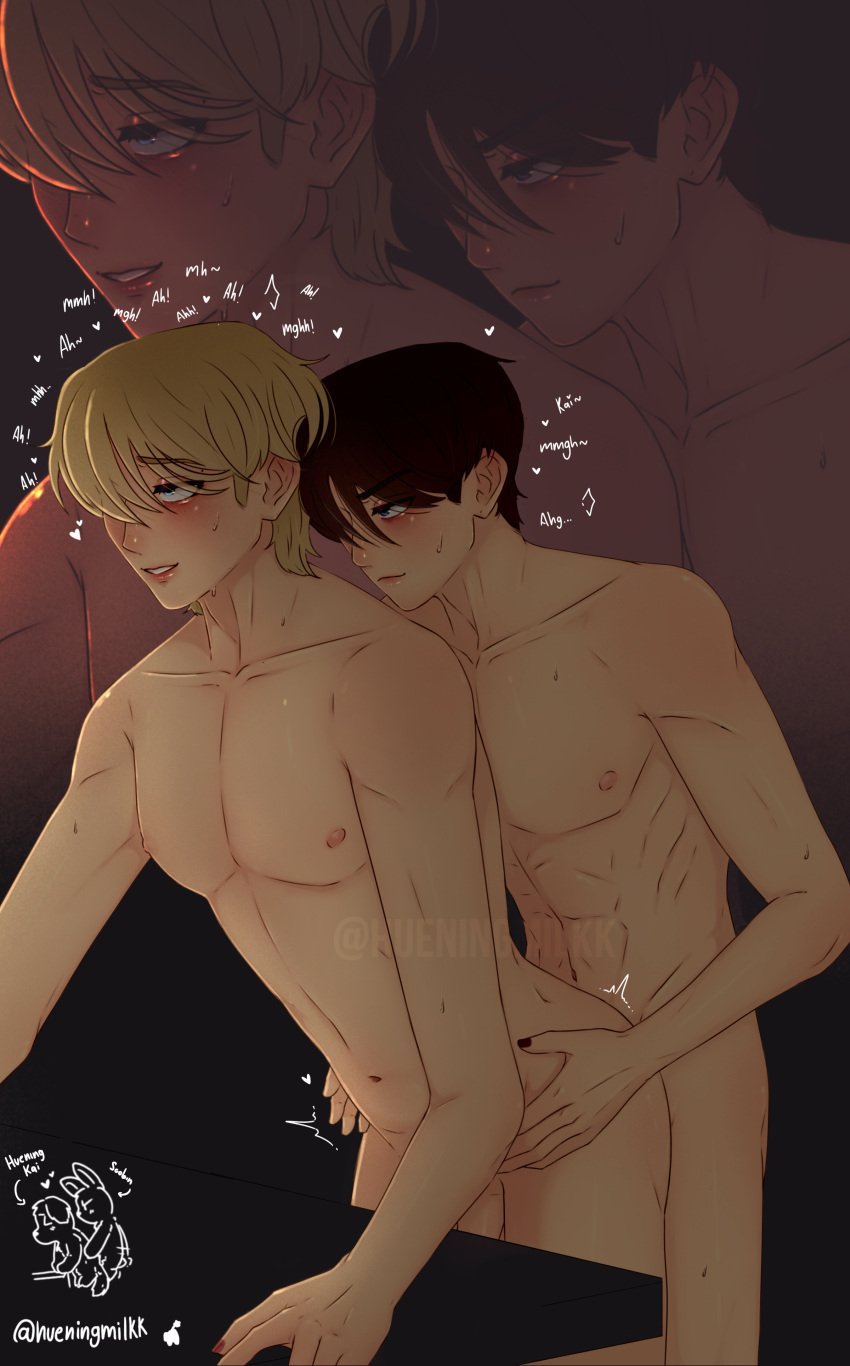 2boys belly big_breasts black black_hair blonde_hair blue_eyes blush blush_lines cum cum_in_ass cute femboy femboysub hueningkai muscular_male nails_painted nude_male soobin sookai txt yaoi