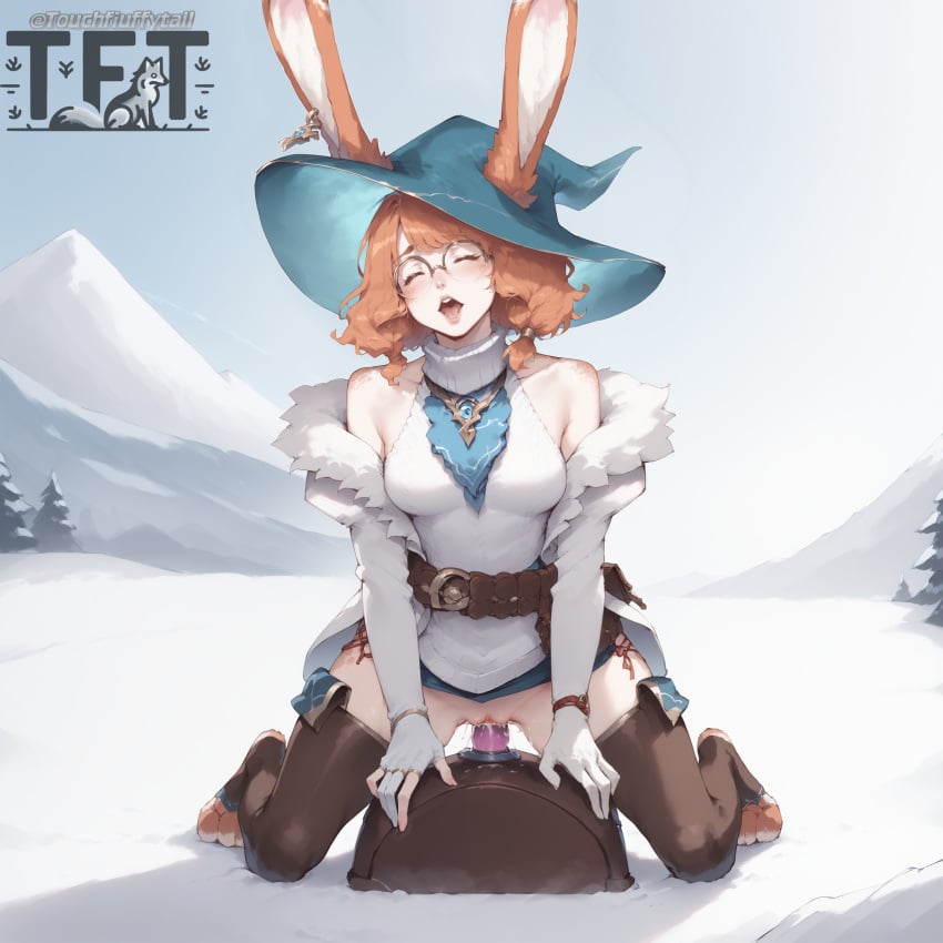 ai_generated aurora_(league_of_legends) bunny_ears bunny_girl glasses league_of_legends orange_hair sex_machine snow sybian touchfluffytails