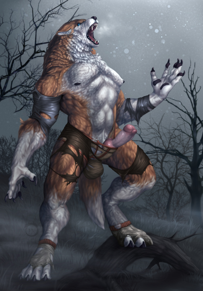 1anthro 4_toes 5_fingers abs after_transformation animal_genitalia animal_penis anthro anthro_only balls black_nipples blue_eyes bottomwear breath broad_shoulders brown_body brown_fur canid canine canine_genitalia canine_penis canis claws clothing destroyed_clothing detailed_background digitigrade ears_back erection feet fingers fluffy fog footwear fur genitals hi_res knot male mammal muscular muscular_anthro muscular_male mythological_canine mythological_creature mythology night nipples open_mouth outside pawpads paws pecs penis pivoted_ears plant roaring socks solo solo_male st.likhod standing star teeth toe_claws toes tongue topwear torn_bottomwear torn_clothing torn_footwear torn_socks torn_topwear torn_underwear tree underwear vein veiny_penis watermark were werecanid werecanine werewolf white_body white_fur wolf