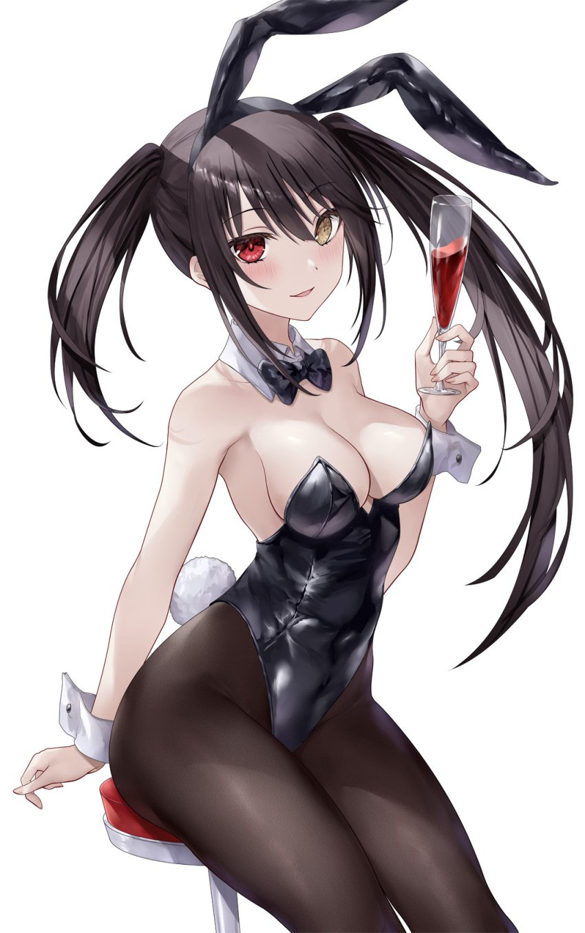 2d 2d_(artwork) asle black_bunnysuit black_hair breasts bunny_ears bunny_girl bunny_tail bunnysuit chair date_a_live female female_only heterochromia light-skinned_female pantyhose red_eyes sitting slender_body slender_waist solo solo_female thighs tokisaki_kurumi twintails wine_glass