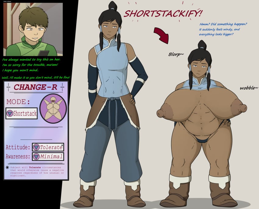 1boy 1girls avatar_legends bbw big_nipples blue_eyes brown_hair dark-skinned_female dark_skin english_text female fur_boots growth huge_breasts huge_nipples humiliation inflation korra large_breasts light_skin male mind_control nipples original_character ponytail reality_warping shortstack shortstackification sidelocks sock_vivian text the_avatar the_legend_of_korra thick_thighs transformation unaware water_tribe