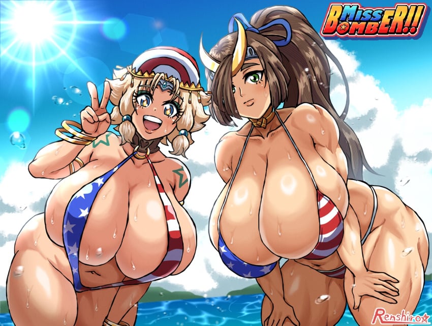 2girls 4th_of_july american_flag_bikini ass beach bending_over bent_over big_ass big_breasts big_butt blonde_hair blonde_hair_female blue_eyes bracelet breasts brown_hair brown_hair_female choker chubby_female cloud curvaceous curvy curvy_figure green_eyes hair_ornament huge_breasts in_water looking_at_viewer miss_bomber!! miss_bomber_(character) multiple_girls muscular_arms muscular_female muscular_thighs ponytail r0771 renshirou renzaburo0771 sister_mizuki sling_bikini smiling_at_viewer star_tattoo sunlight suprised surprised tattoo thick_thighs thighs water wet_body