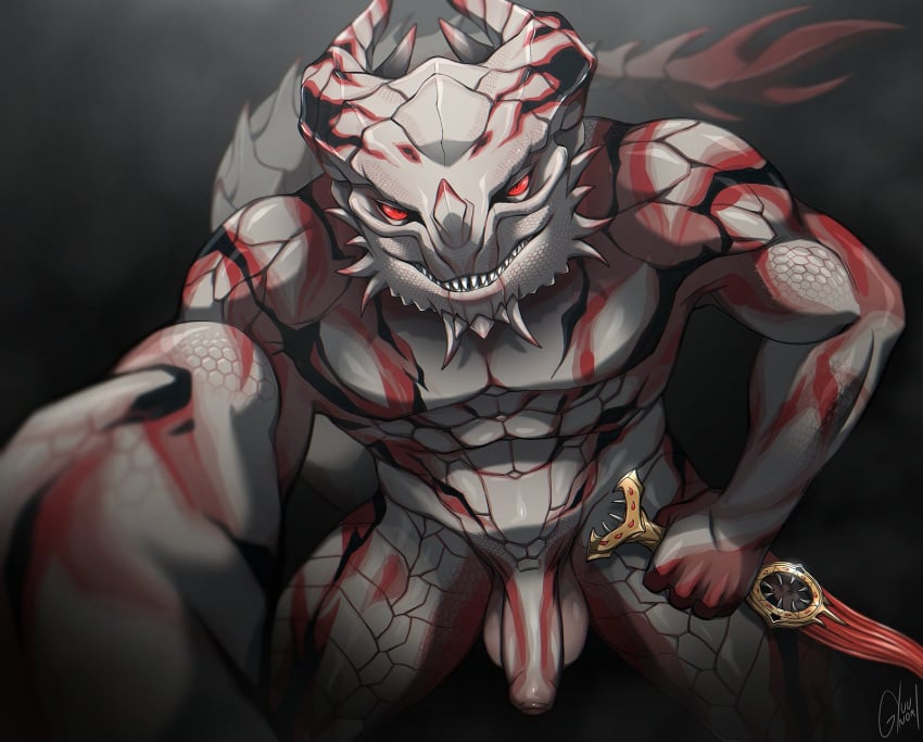 anthro baldur's_gate baldur's_gate_3 balls bent_over dagger dragonborn_(dnd) dungeons_and_dragons foreskin front_view genitals grin hasbro hi_res horn humanoid_genitalia humanoid_penis looking_at_viewer male male_only melee_weapon muscular muscular_anthro muscular_male noronori penis red_eyes scalie sharp_teeth smile solo tail teeth the_dark_urge_(baldur's_gate) weapon wizards_of_the_coast