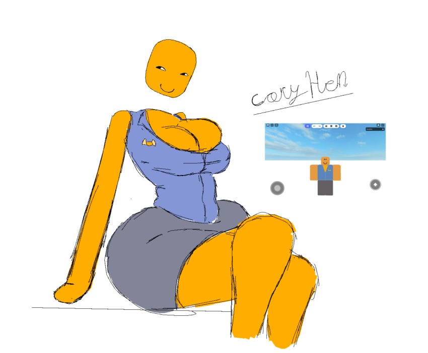 2024 2d 2d_(artwork) 2d_artwork artist_name bald big_breasts breasts cleavage clothed coryhen coryhen_(artist) english_text female floating_head humanoid legs_crossed looking_away no_neck no_nose orange_skin original_character roblox robloxian simple_background sitting skirt smiling smug solo solo_female text thick_thighs video_game white_background yellow_body yellow_skin