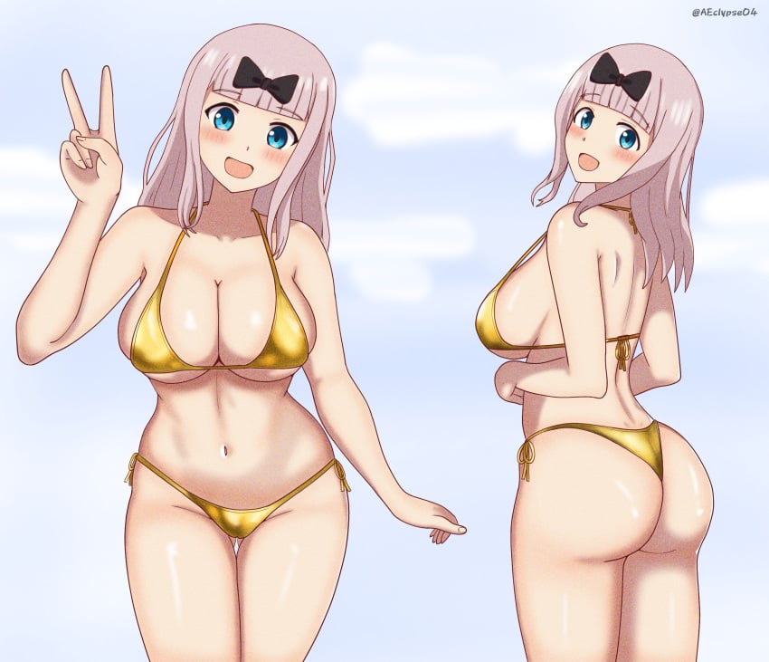 1girls ass big_ass big_breasts bikini bikini_bottom bikini_top blush bottomwear breasts cleavage eclypse female female_only fit_female fujiwara_chika hair hair_ornament hourglass_figure huge_breasts kaguya-sama_wa_kokurasetai_~tensai-tachi_no_renai_zunousen~ large_breasts light-skinned_female long_hair navel peace_sign pink_hair ribbon side_view sideboob slim_waist smile solo solo_female swimwear thick_thighs thighs topwear wide_hips yellow_bikini