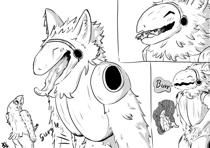 absurd_res anthro aroused avian bird black_and_white blush blush_lines bodily_fluids burping comforting comic corvid corvus_(genus) crow erection feathers fluffy fur genitals happy hi_res inside_stomach machine male male/male micro monochrome open_mouth oral_vore oscine passerine penis protogen saliva sleeping tail tapering_penis tongue tongue_out vore wet xcoreus