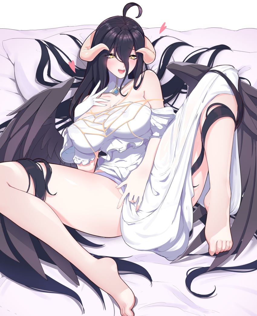 1girls albedo_(overlord) big_breasts black_hair blush breasts darklux demon demon_girl female female_focus female_only hi_res highres horns huge_breasts large_breasts light-skinned_female light_skin long_hair overlord_(maruyama) solo solo_female solo_focus succubus thick_thighs thighs wings