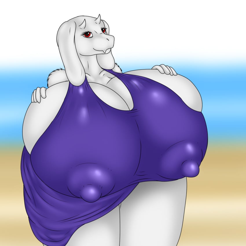 anthro beach big_breasts boss_monster_(undertale) bovid breasts caprine clothing female goat hand_on_breast hi_res horn huge_breasts hyper hyper_breasts mammal nipple_outline nipples one-piece_swimsuit red_eyes solo standing swimwear tagme toriel undertale_(series) white_body wolfforhire