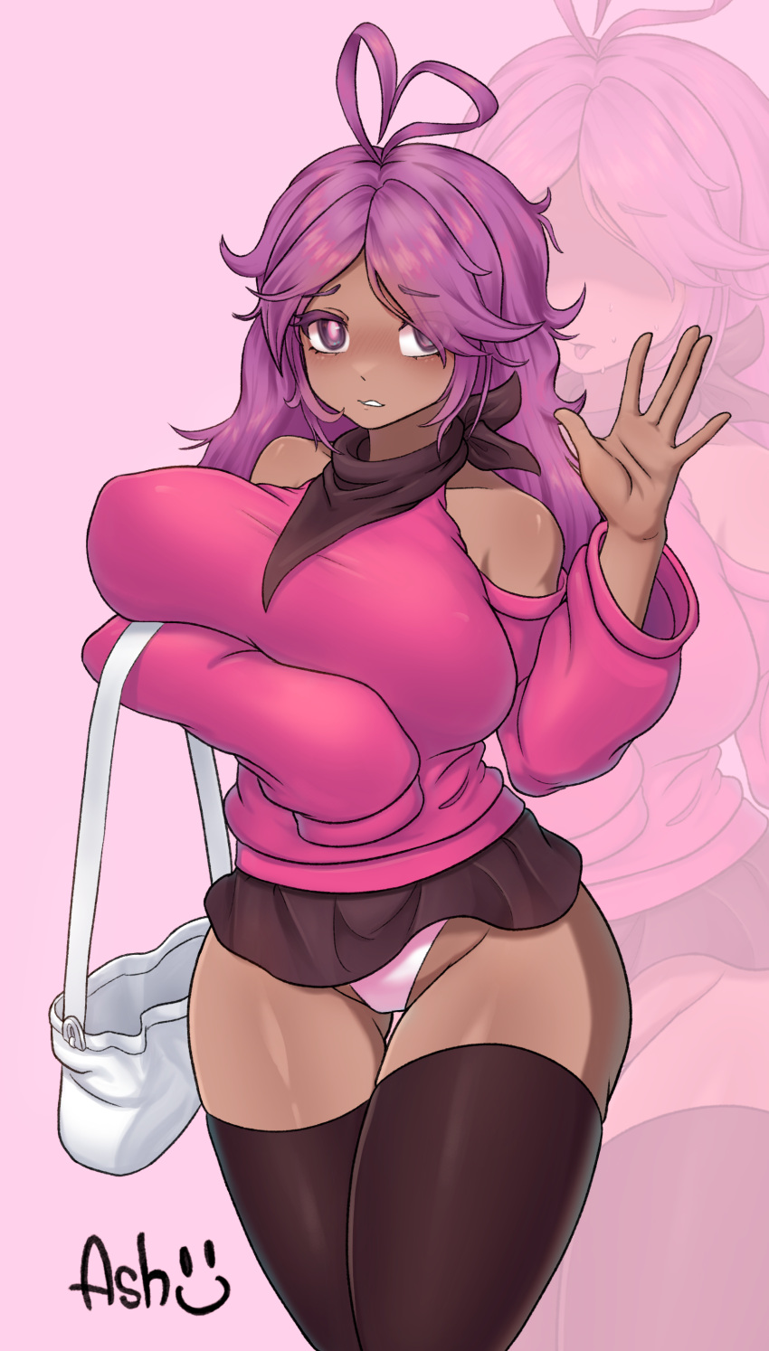 antenna_hair armwear ass_visible_through_thighs bare_shoulders big_ass big_breasts blush breast_hold breasts brown_skin brown_skirt busty casual_clothes character_name cowboy_shot dark_skin exposed_shoulders eyelashes female gift_art heart_antenna_hair hi_res highres hips huge_breasts long_hair looking_at_viewer microskirt neckerchief neckwear oc off_shoulder_sweater original original_character panties pink_clothing purple_eyes purple_hair short_skirt shoulder_bag shoulder_sweater shoulders simple_background skirt sweater teeth thick_ass thick_hips thick_thighs thigh_gap thighhighs thighs white_pupils zettai_ryouiki zoom_layer