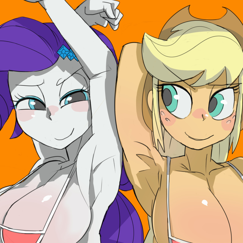 applejack_(eg) applejack_(mlp) armpits arms_up baigak big_cleavage blush breasts_bigger_than_head cleavage equestria_girls hat huge_breasts my_little_pony rarity_(eg) rarity_(mlp) swimsuit tagme