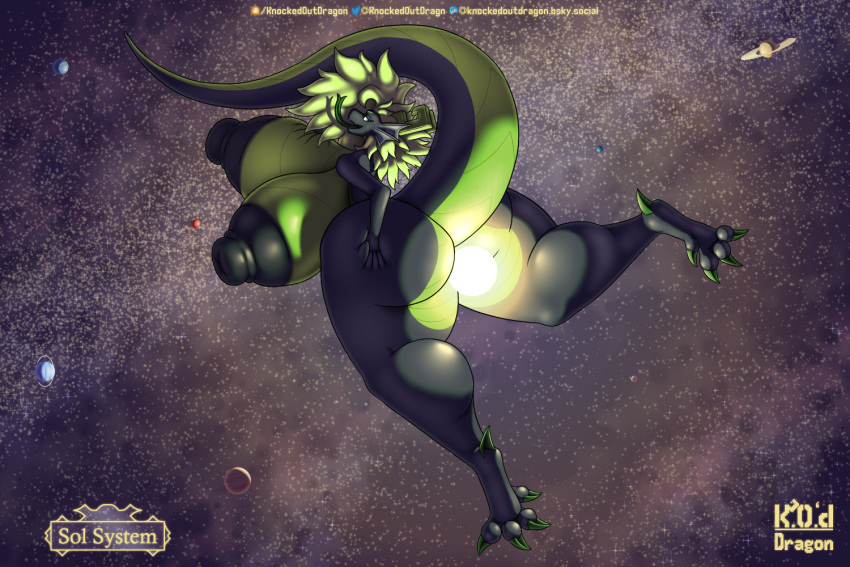 anthro ass big_breasts big_butt breasts butt_grab claws digitigrade dragon european_mythology female floating forked_tongue green_claws green_eyes green_hair green_horn green_tongue hair hand_on_butt horn huge_breasts huge_butt huge_thighs kaya_(knockedoutdragon) knockedoutdragon long_tail looking_back macro mythological_creature mythological_scalie mythology object_between_cheeks open_mouth scalie solar_system solo sun_dwarfing tail thick_tail thick_thighs tongue western_dragon