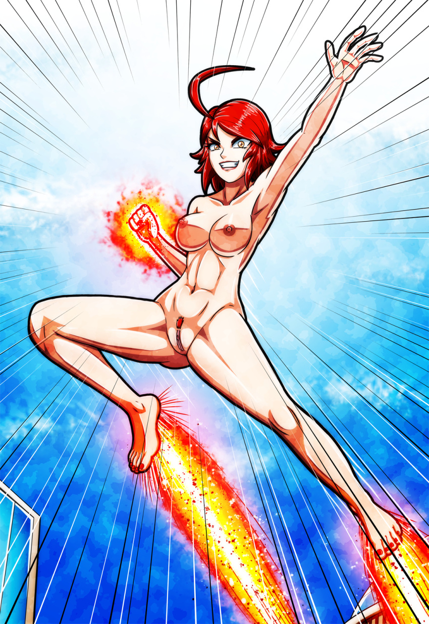 1girls action_lines action_pose ahoge artemis-polara artemispolara barefoot breasts feet fire flying kamen_america kamen_america_(series) kamen_comet magic misha_lovacova nail_polish nude pubic_hair pussy red_hair solo vagina