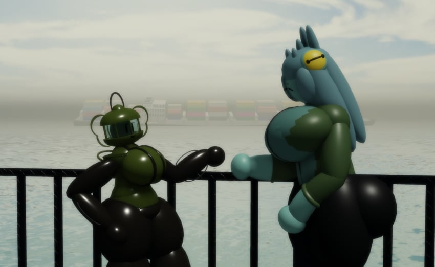 1girl1futa 3d cargo_ship goofylookin hand_on_thigh hand_rail handlebars lant_(goofy_lookin) lantern large_breasts leaning_against_railing lucia_(goofy_lookin) ocean roblox source_request