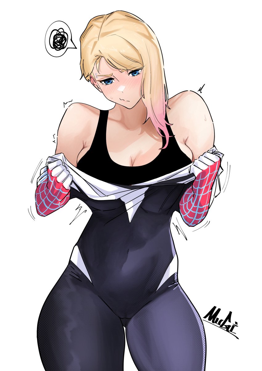 1girls alternate_version_available ass_visible_through_thighs bare_shoulders big_breasts black_bra blonde_hair blue_eyes bodysuit bra cameltoe clothes_pull covered_navel eyebrow_piercing ghost-spider gwen_stacy heroine light-skinned_female marvel marvel_comics motion_lines movement_lines mugi_(mugit49) multicolored_hair navel piercing pink_hair pout pouting scribble shaking sidecut skintight speech_bubble spider-gwen spider-man:_across_the_spider-verse spider-man:_into_the_spider-verse spider-man_(series) spider_web_print sports_bra squiggle superhero superhero_costume superheroine two-tone_bodysuit two-tone_hair undressing