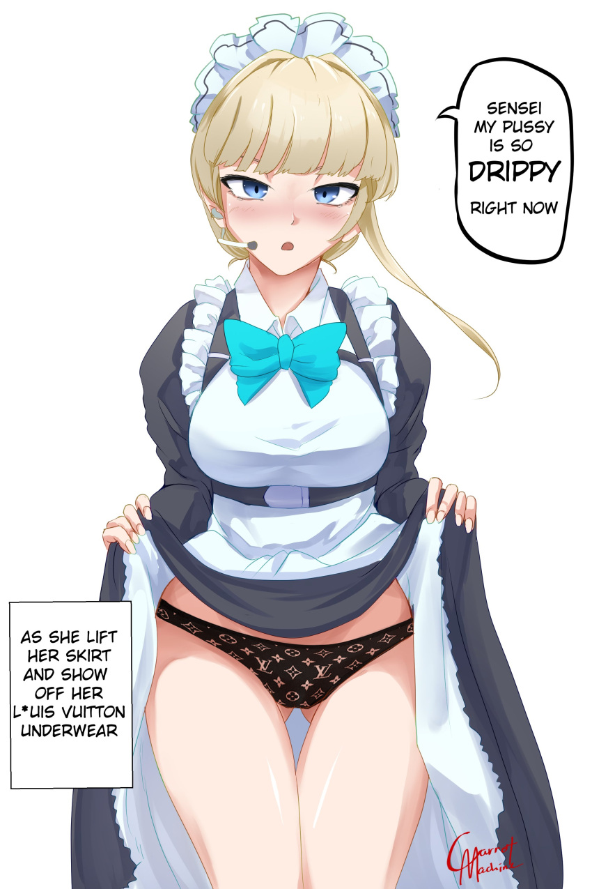 1female 1girls blue_archive blue_eyes blush bow breasts carmach101 english_text female_focus lifted_by_self lifting_skirt panties showing_panties skirt_lift skirt_lifted_by_self speech_bubble text text_bubble