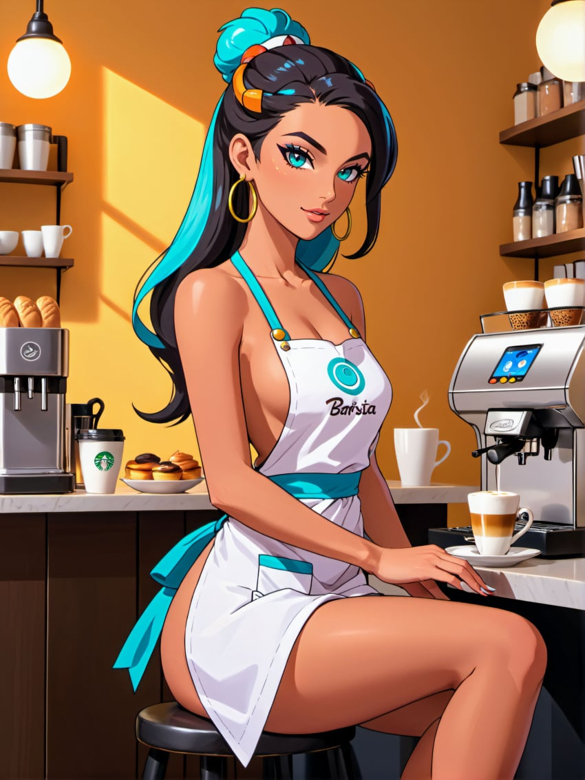 1girls ai_generated blue_eyes cathrynedelamort dark-skinned_female female female_only human looking_at_viewer naked_apron nessa_(pokemon) pokemon pokemon_ss sitting smile solo two_tone_hair