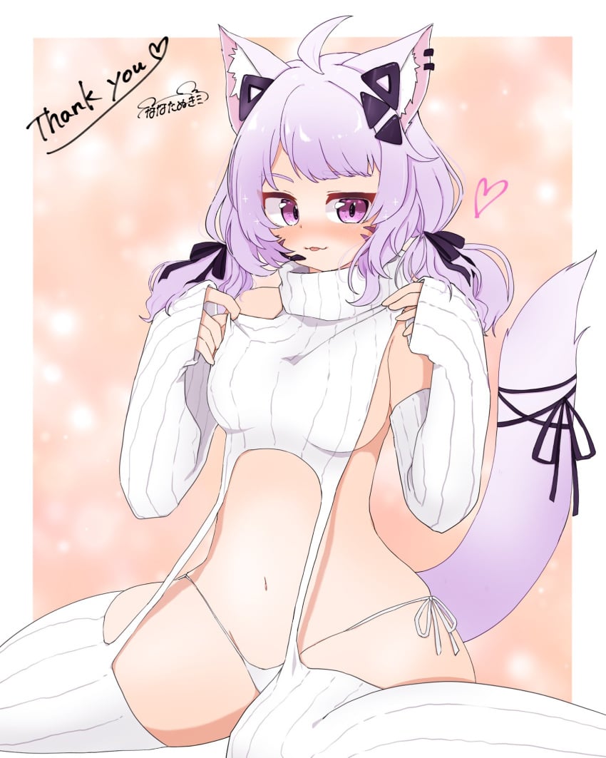 blush blushing breasts cat_ears cat_tail catgirl face_markings female hands_up looking_at_viewer purple_eyes purple_hair squchan_(vtuber) virgin_killer_sweater virtual_youtuber vyugen white_armwear white_bikini_bottom