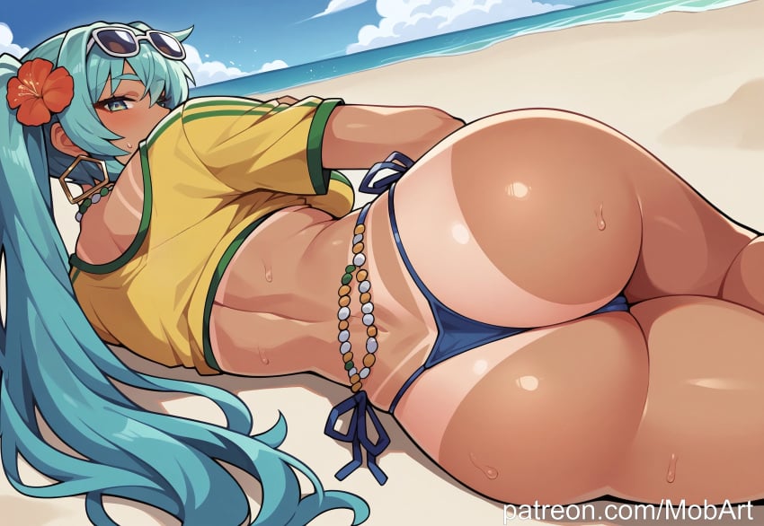 ai_generated ass beach bent_over big_ass bikini brazilian_female brazilian_miku busty female female_focus female_only hatsune_miku huge_ass laying_on_side long_hair looking_at_viewer looking_back mobart outdoors outside tan tan_body tan_skin tanline thick_thighs thong thong_bikini twintails vocaloid wide_hip