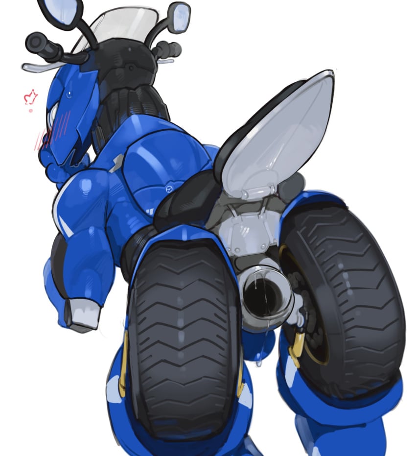 2024 absurd_res all_fours anus ass ass_up black_body black_tail blue_body blush blush_lines bodily_fluids exhaust_pipe gay grey_body grey_tail half-closed_eyes headlight_eyes hi_res humanoid kogito living_machine living_motorcycle living_vehicle looking_back machine male male_humanoid male_only metallic_body motorcycle multicolored_body multicolored_tail narrowed_eyes not_furry presenting presenting_hindquarters rear_view simple_background solo sweat tail tire vehicle weird wheel white_background white_body white_tail