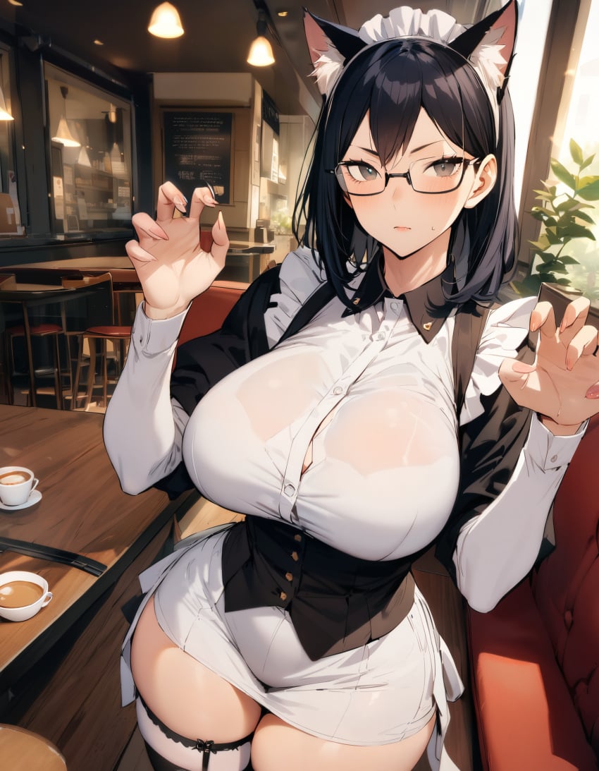 1girls ai_generated alternate_breast_size anime booth_seating cafe cat_ears claw_pose coffee curvy detailed_background expressionless glasses haikyuu!! huge_breasts maid maid_uniform mature_female narrow_waist pose shimizu_kiyoko solo stable_diffusion thick_thighs thigh_gap thighhighs wide_hips xenomon zettai_ryouiki