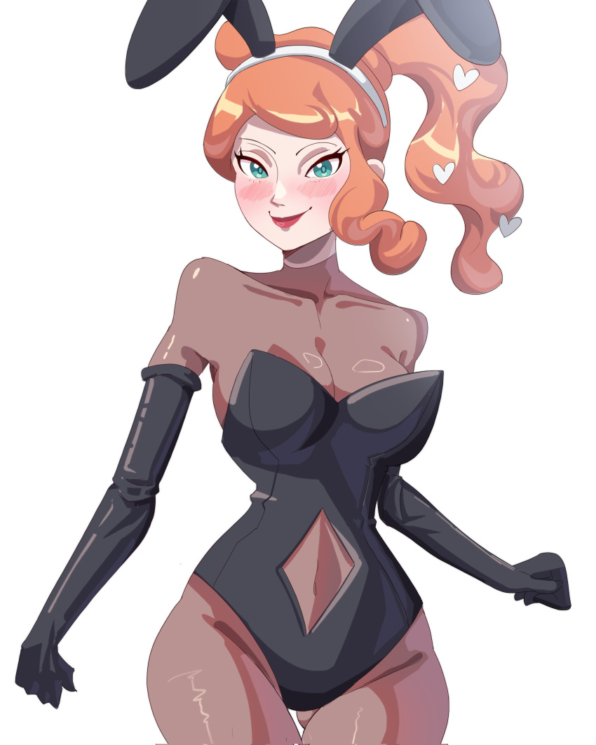 black_clothing black_gloves black_leotard blush breasts bunny_ears bunny_girl bunnysuit curvy curvy_female exceedxatu female female_only hourglass_figure lips looking_at_viewer orange_hair pokemon pokemon_ss ponytail red_lips red_lipstick smile smiling smiling_at_viewer solo sonia_(pokemon) strapless strapless_leotard tagme twitter_link white_hair