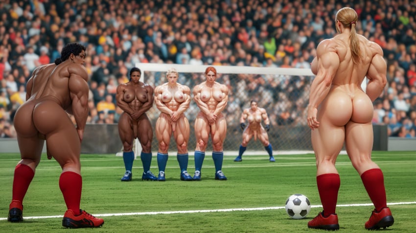 abs absurd_res ai_generated ass audience back back_muscles balls big_ass big_balls big_penis black_hair blonde_hair blurry_background breasts crowd dark_skin depth_of_field from_behind futa_only futanari ginger_hair grass knoworai leaning_forward light_skin multiple_futa muscles muscular muscular_arms muscular_futanari muscular_thighs nipples penis realistic shoes small_penis soccer soccer_ball socks sport stable_diffusion thick_thighs triceps wide_hips