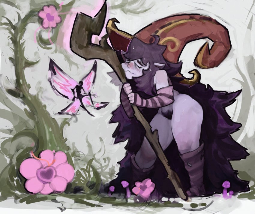 2024 absurd_res arm_socks blush clothing duo fairy female flower hair hat headgear headwear hi_res humanoid league_of_legends legwear long_hair long_socks lulu_the_fae_sorceress mammal plant pubes purple_body purple_hair riot_games short_stack staff stockings stopych tencent yordle