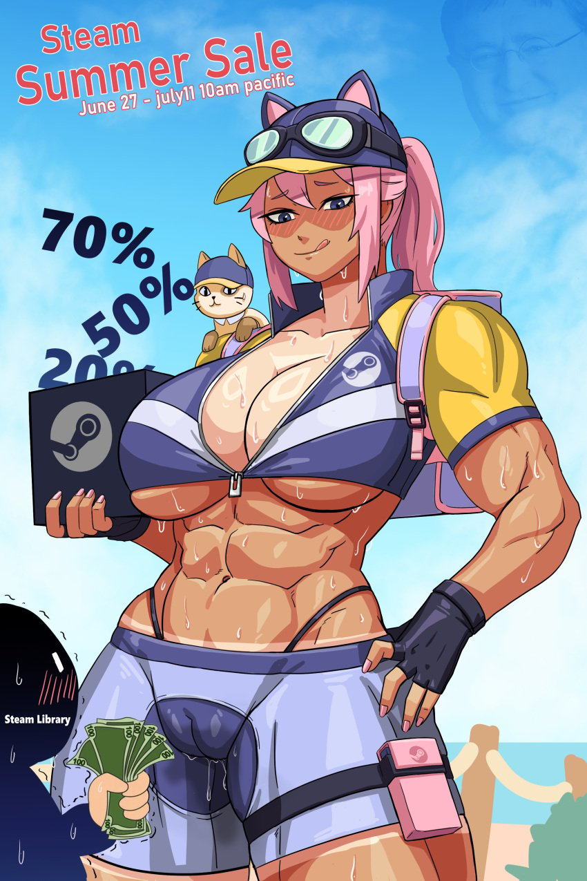 1girls 2d 2d_(artwork) 2d_artwork backpack baseball_cap big_breasts bike_shorts blue_eyes blushing cat cat_ears dark-skinned_female english_text f.b.w fit_female gabe_newell goggles hat headwear imminent_sex implied_sex licking_lips logo muscular muscular_female pink_hair ponytail pussy_juice pussy_juice_drip pussy_juice_drip_through_clothes sale shaded simple_background snu-snu steam_delivery_girl sweat sweaty taller_girl tan-skinned_female tan_body text thick_thighs tongue_out valve wholesome