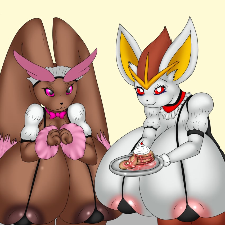 anthro big_breasts breasts cinderace clothing dairy_products duo female food generation_4_pokemon generation_8_pokemon hands_together hi_res huge_breasts hyper hyper_breasts lopunny maid_uniform nintendo nipples offering_food pancake plate pokemon pokemon_(species) strawberry_syrup tagme uniform whipped_cream wolfforhire
