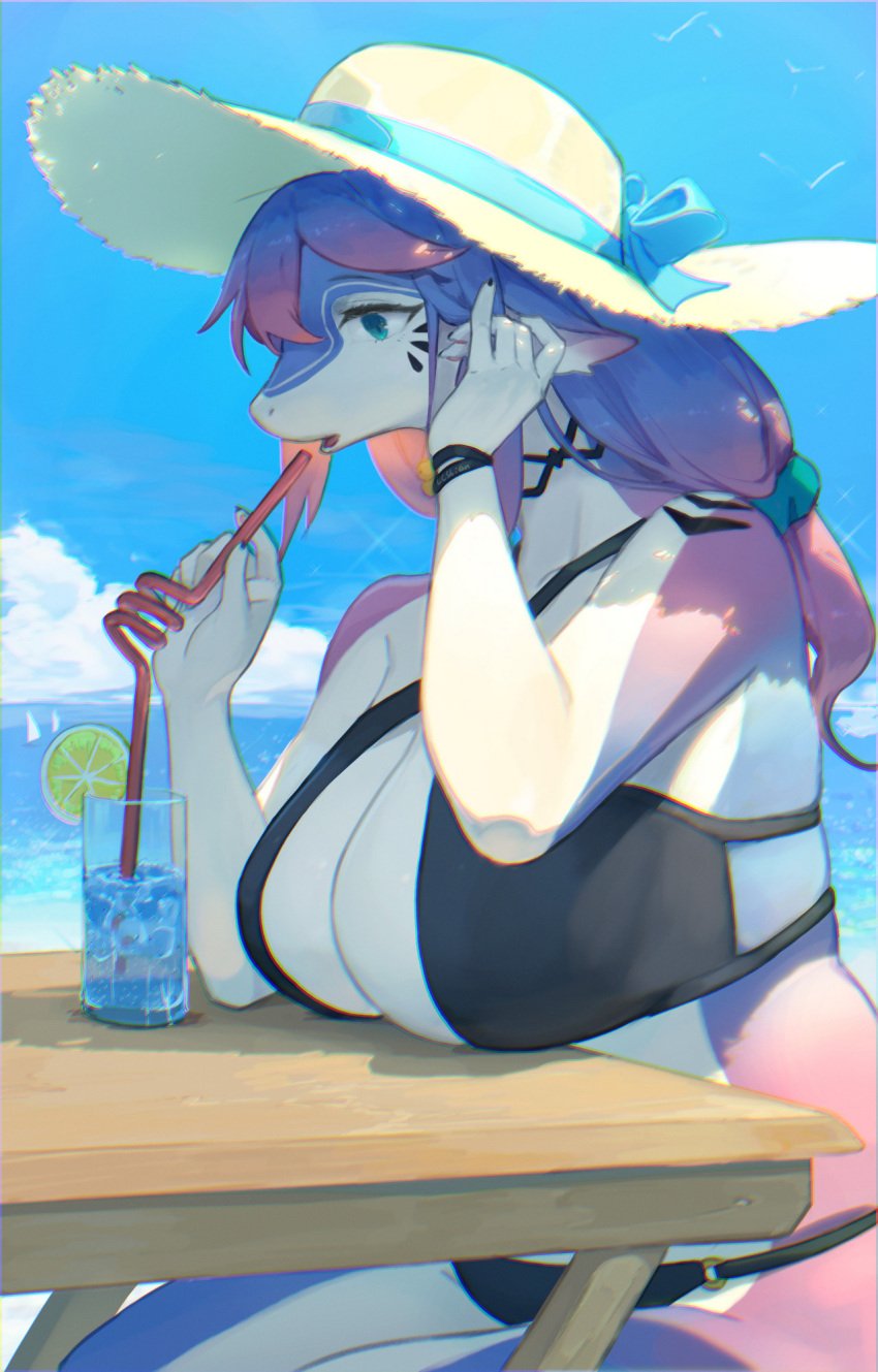 1girls anthro aqua_eyes beverage big_breasts blue_eyes clothed clothing dragon drinking_straw female female_only glass_cup hair hat headgear headwear hi_res kemono lanya_(lcshian) lcshian long_hair outside purple_hair seaside sitting sky solo straw_hat swimwear table white_body wingless_dragon