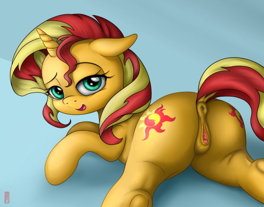 2019 animal_genitalia animal_pussy anus ass celsian clitoral_winking clitoris equestria_girls equid equine_pussy female feral friendship_is_magic highres horn looking_at_viewer looking_back lying mammal multicolored_hair my_little_pony on_front pussy smile solo spread_legs spreading sunset_shimmer two_tone_hair unicorn