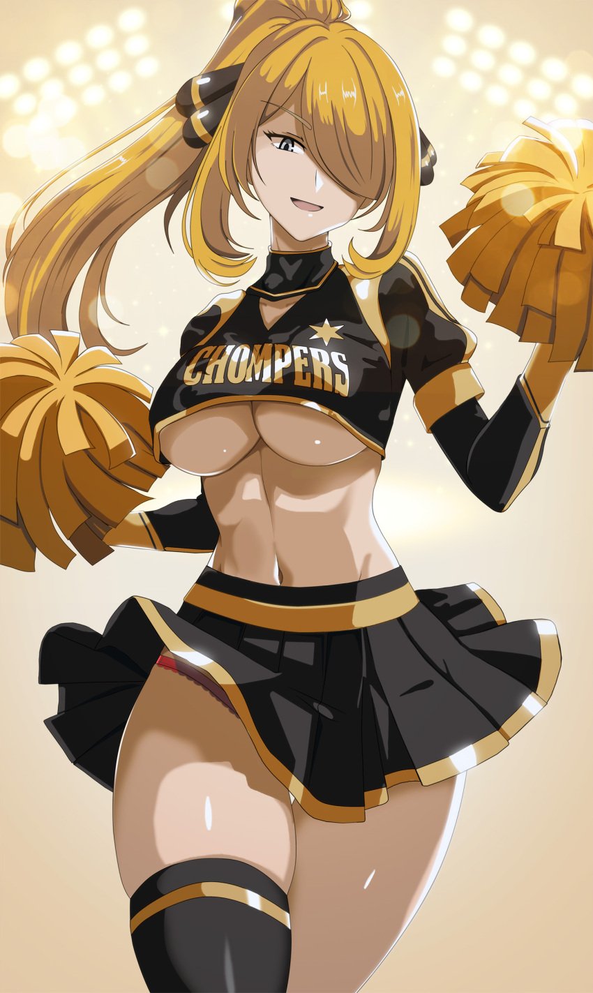 asymmetrical_clothes blonde_hair cheerleader cheerleader_uniform cynthia_(pokemon) female hair_ornament hair_over_one_eye large_breasts long_hair looking_at_viewer navel panties pokemon pokemon_(game) pom_poms ponytail skirt smile solo stocking stomach underboob vivivoovoo