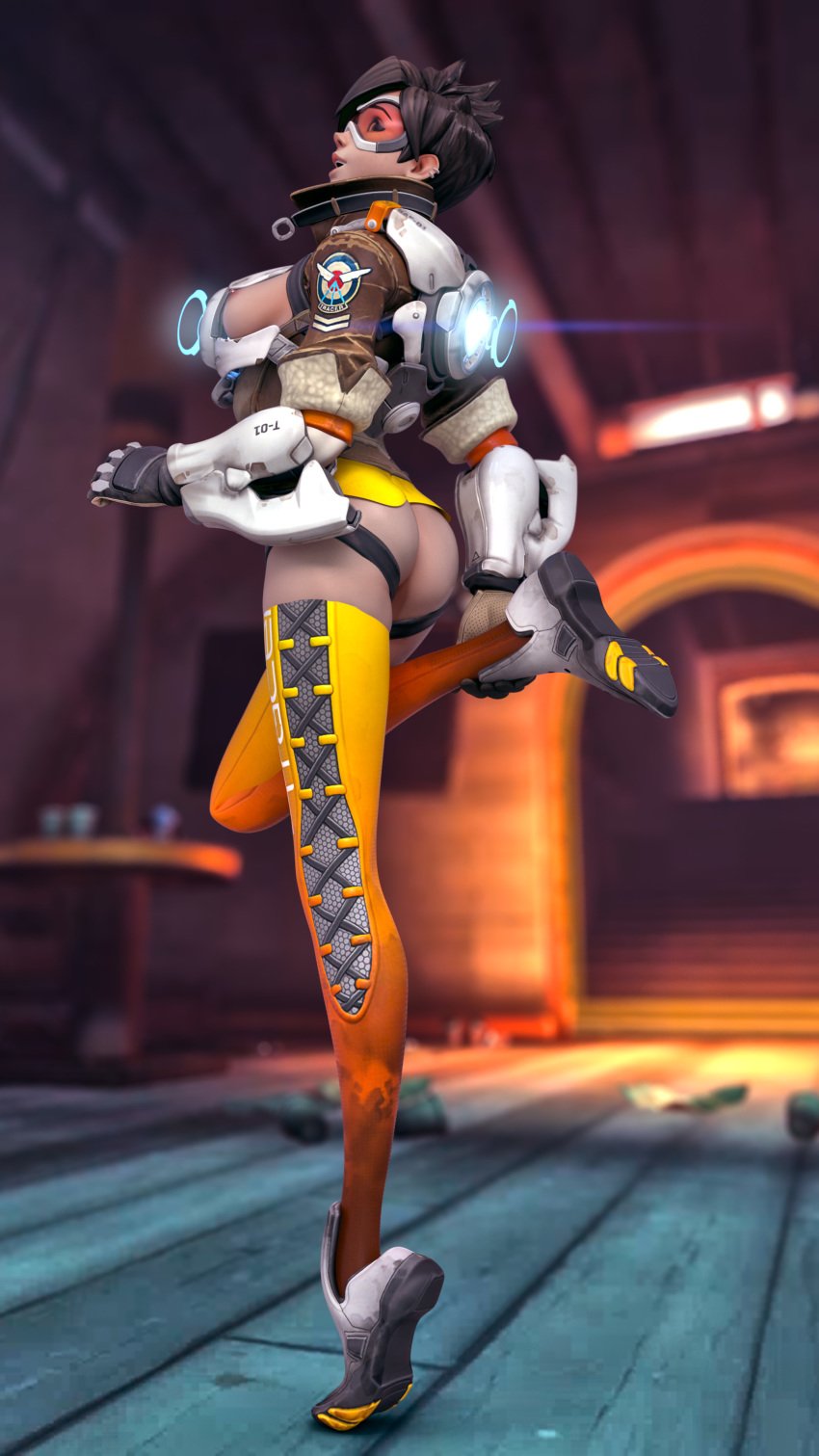 3d areolae ass autodesk_maya breasts brown_hair female female_only guiltyk highres junkertown_(map) nipples overwatch short_hair solo tracer