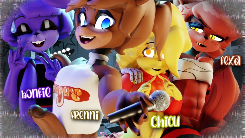 animatronic anthro avian bear big_penis bird blue_eyes bodily_fluids bonnie_(cally3d) bonnie_(fnaf) buckteeth canid canine chica_(cally3d) chica_(fnaf) chicken closed_eyes electronics erection eye_patch eyewear femboy five_nights_at_freddy's fox foxy_(cally3d) foxy_(fnaf) freddy_(fnaf) fredina's_nightclub fredina_(cally3d) galliform gallus_(genus) genitals glowing glowing_eyes gold_(metal) gold_tooth group hi_res holding_microphone holding_object humanoid jordevoir_(artist) lagomorph leporid machine male mammal microphone penis phasianid pupils rabbit robot scottgames slit_pupils sweat sweatdrop teeth thick_thighs yellow_eyes