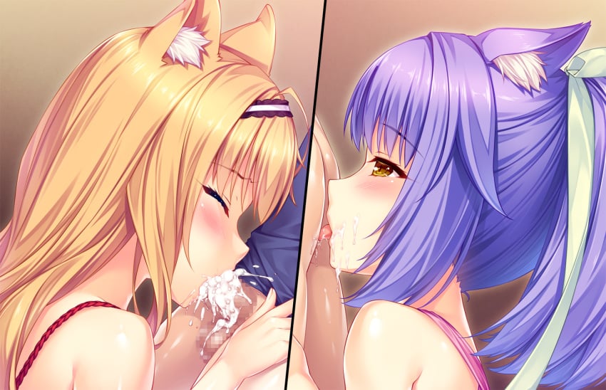 animal_ears blonde_hair blush catgirl censored cinnamon_(sayori) cum ejaculation fellatio game_cg headband long_hair maple_(sayori) nekopara penis purple_hair rimming sayori short_hair yellow_eyes