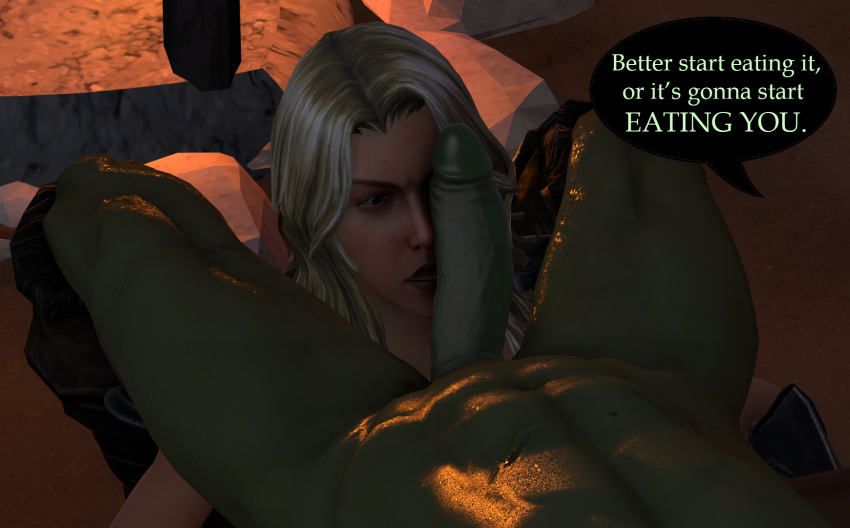 1futa 1girls 3d abs blonde_hair cheezycake dialogue erection female femsub futa_on_female futadom futanari green_skin imminent_vore implied_vore muscular muscular_futanari orc penis penis_on_face pre_vore speech_bubble text vore