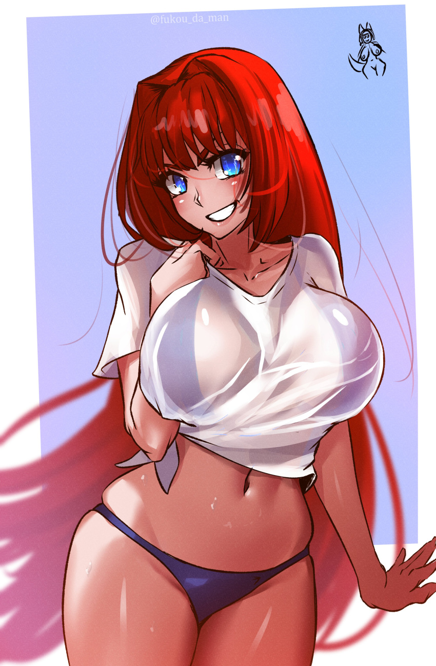 1girls 2024 aozaki_aoko artist_name belly belly_button blue_eyes blush collar collarbone eyebrows fukou_da_man grin hair_intakes long_hair looking_at_viewer melty_blood red_hair see_through simple_background solo solo_female solo_focus tsukihime type-moon white_shirt